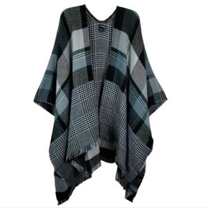 Steve Madden Shawl Open Front Poncho Checked Plaid Wrap Layer OSFM Fringe Soft